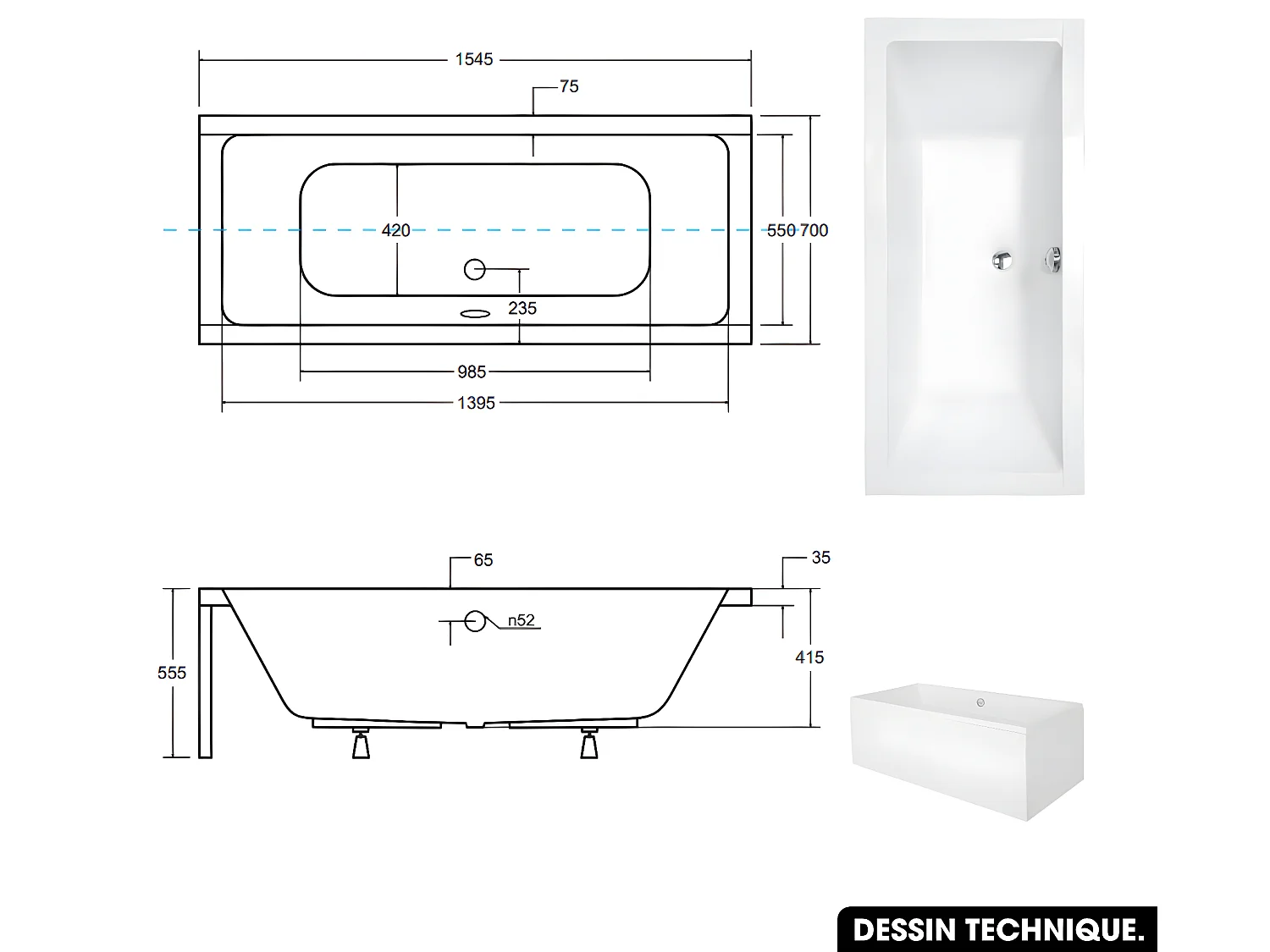 Baignoire rectangulaire - avec Tablier Blanc et Repose Tête OFFERT | QUADRO | 155 x 70 cm
