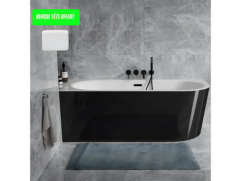 Baignoire d'angle Noir et Blanc + Siphon Doré et Vidage inclus + Repose tête  -  AVITA S CLASSE - GAUCHE - 150 x 75 cm