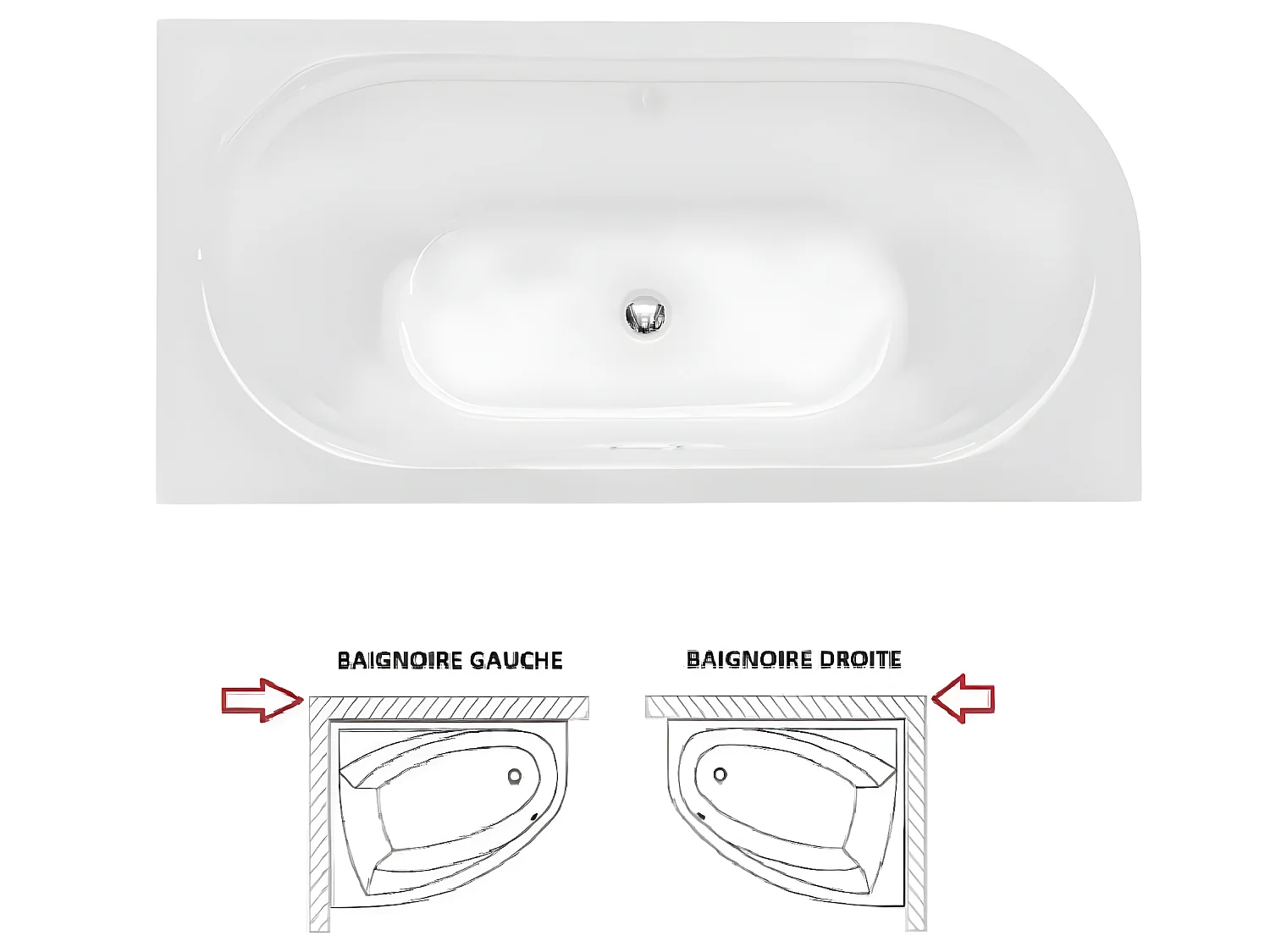 Baignoire d'angle Noir et Blanc + Siphon Doré et Vidage inclus + Repose tête  -  AVITA S CLASSE - GAUCHE - 150 x 75 cm
