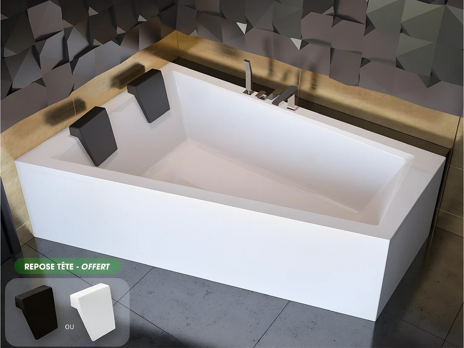 Baignoire asymétrique + tablier blanc + repose tête - INTIMA DUO - 180 cm x 125 cm - Gauche