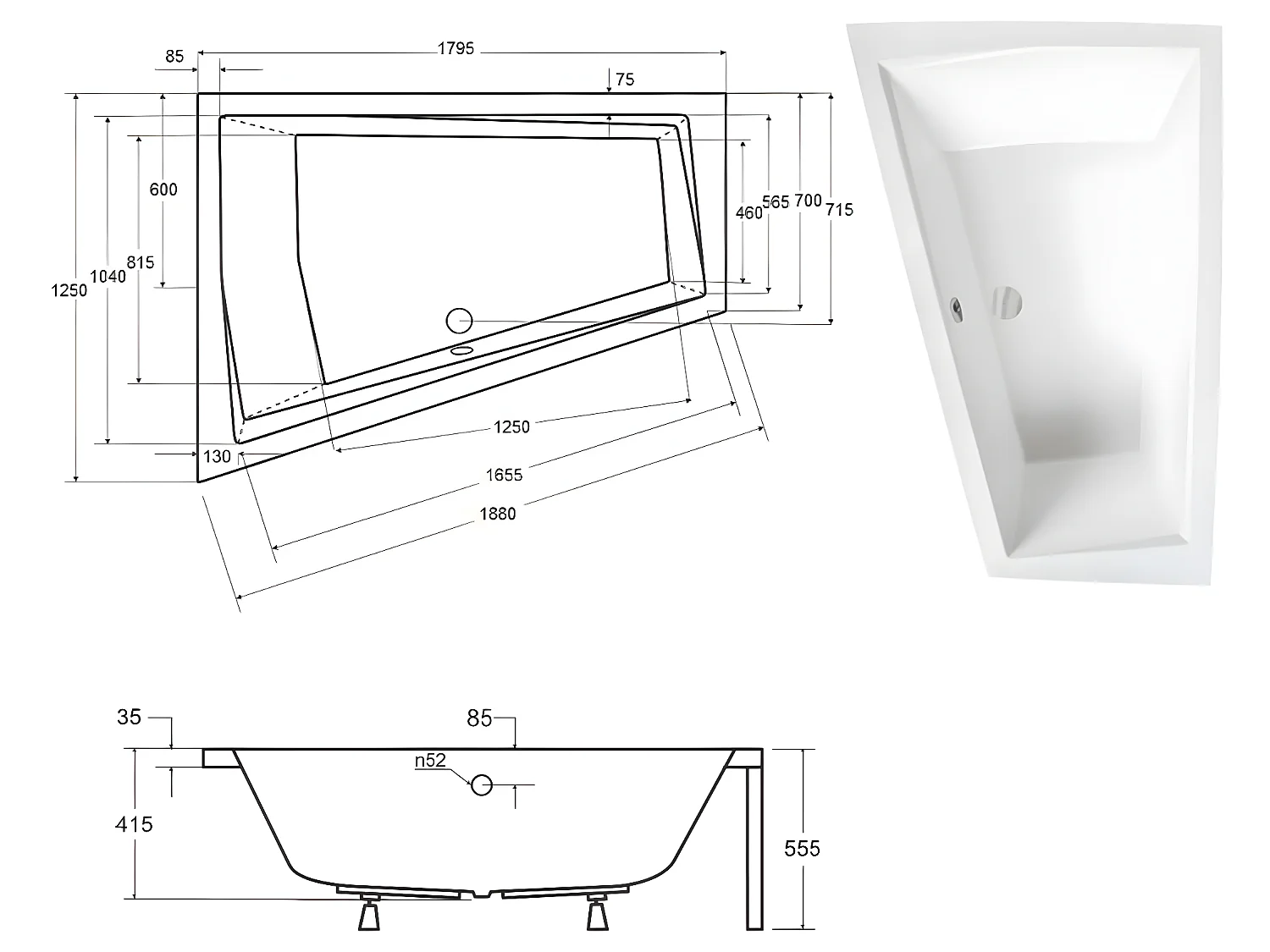 Baignoire asymétrique + tablier blanc + repose tête - INTIMA DUO - 180 cm x 125 cm - Gauche