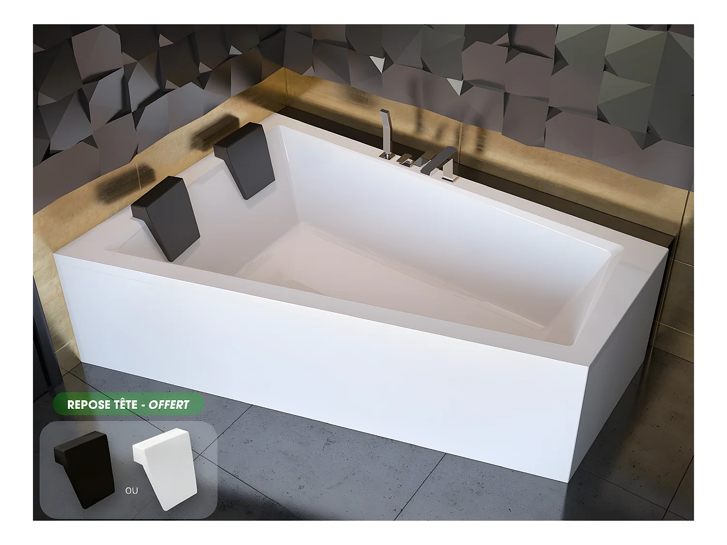 Baignoire asymétrique + tablier blanc + repose tête - INTIMA DUO - 180 cm x 125 cm - Gauche