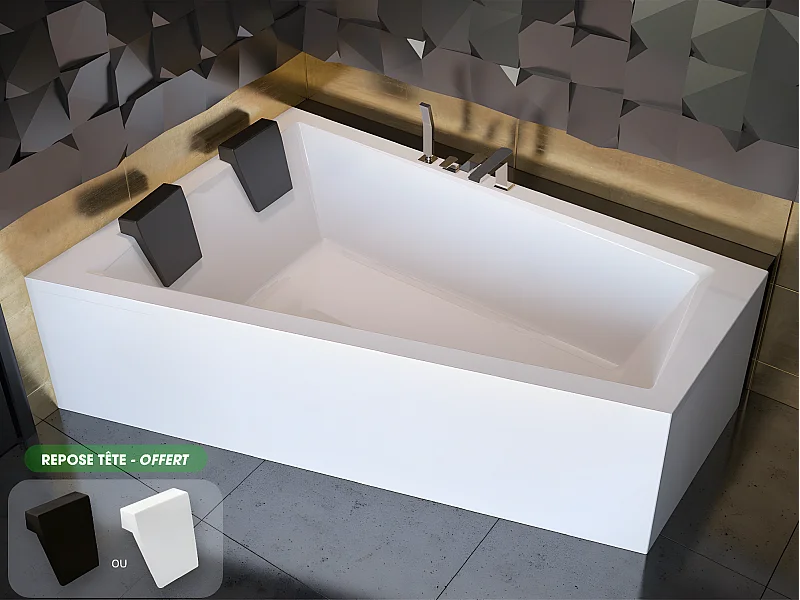 Baignoire asymétrique + tablier blanc + repose tête - INTIMA DUO - 180 cm x 125 cm - Gauche