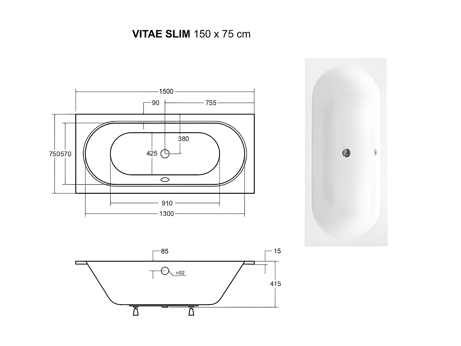 Baignoire rectangulaire blanche à encastrer + repose tête - 150 x 75 cm - VITAE SLIM