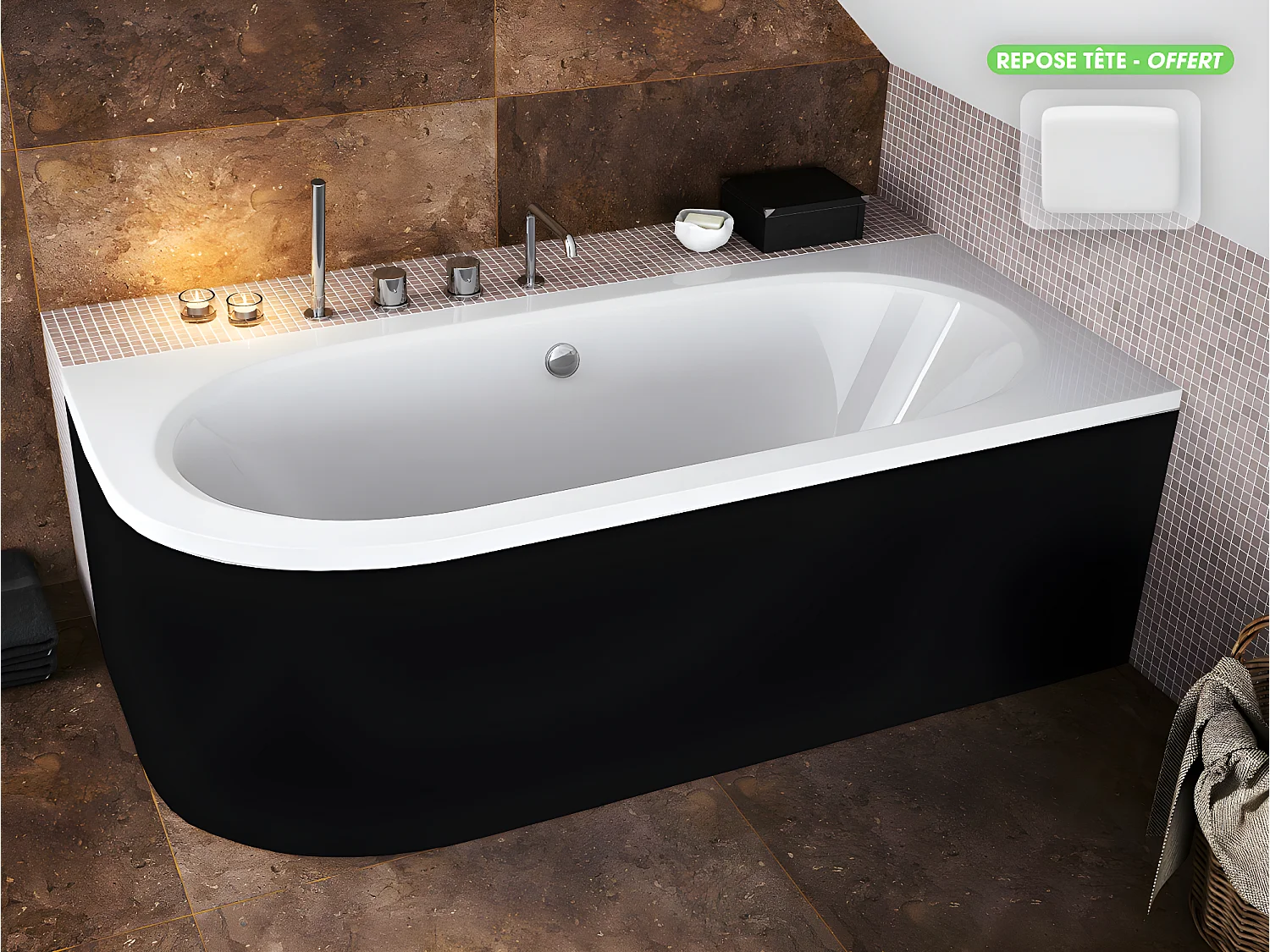 Baignoire d'angle - avec tablier noir Mat et repose tête offert | AVITA | 160 x 75 cm - Droite