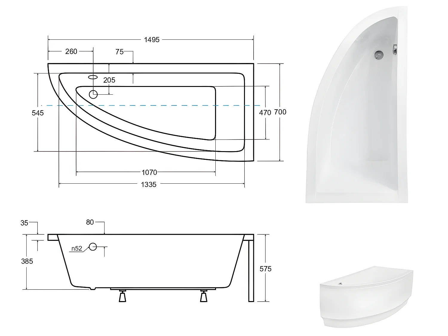 Baignoire asymétrique + tablier blanc + repose tête - PRAKTIKA  - 150 x 70 cm - Droite