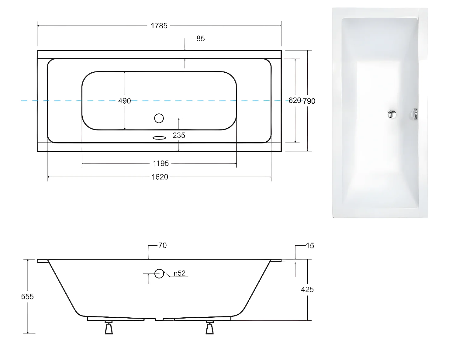 Baignoire rectangulaire blanc à encastrer - Repose Tête OFFERT - QUADRO SLIM - 180 x 80 cm
