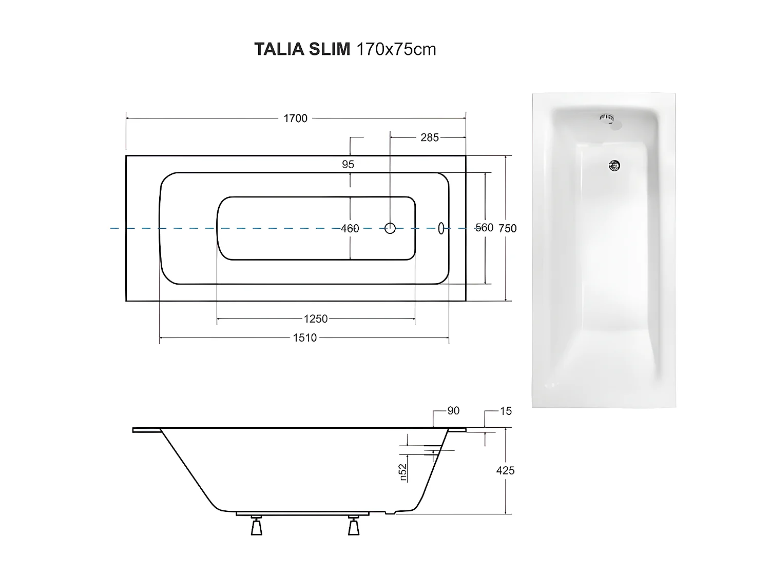 Baignoire rectangulaire blanche à encastrer + repose tête - 170 x 75 cm - TALIA SLIM