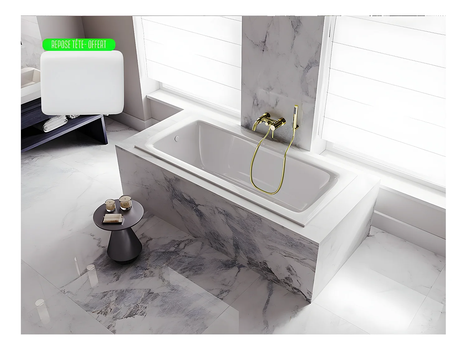 Baignoire rectangulaire blanche à encastrer + repose tête - 170 x 75 cm - TALIA SLIM