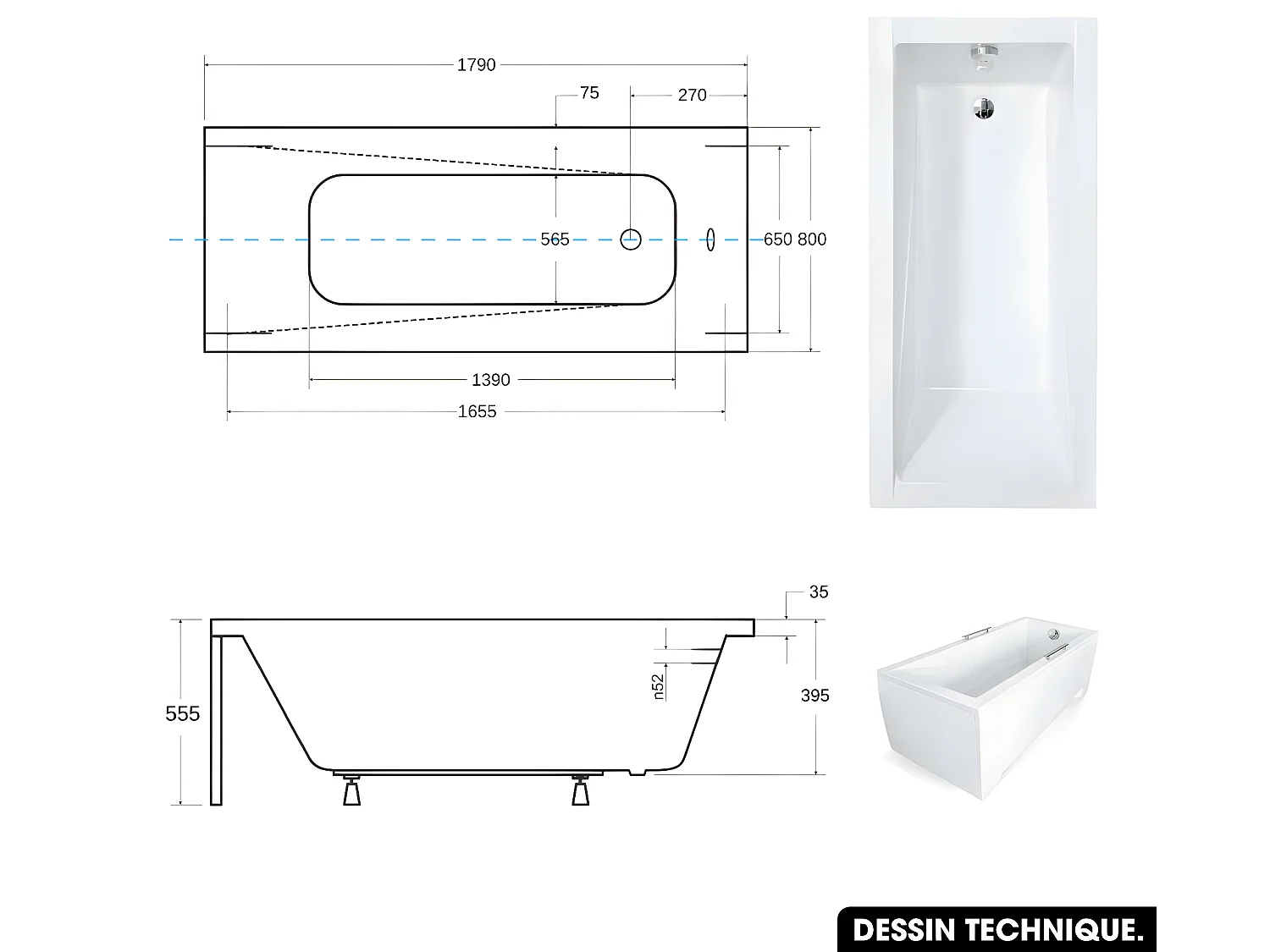 Baignoire rectangulaire - avec Tablier Noir Mat et Repose Tête OFFERT | MODERN | 180  x 80 cm