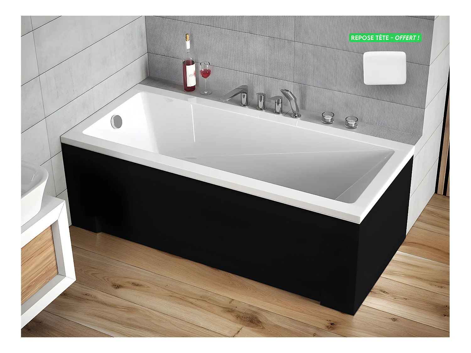 Baignoire rectangulaire - avec Tablier Noir Mat et Repose Tête OFFERT | MODERN | 180  x 80 cm