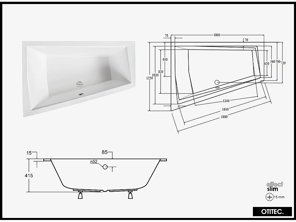 Baignoire Asymétrique à Encastrer - 180 x 125 cm - GAUCHE - INTIMA DUO SLIM - 2 REPOSE-TÊTES OFFERTS