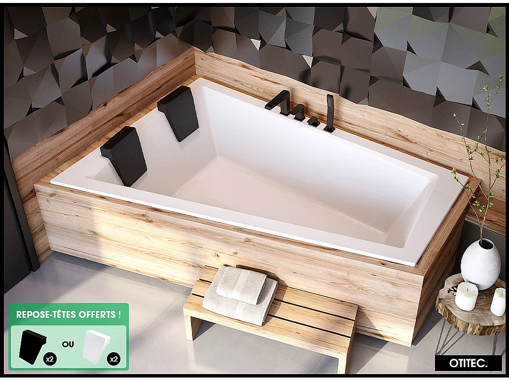 Baignoire Asymétrique à Encastrer - 180 x 125 cm - GAUCHE - INTIMA DUO SLIM - 2 REPOSE-TÊTES OFFERTS