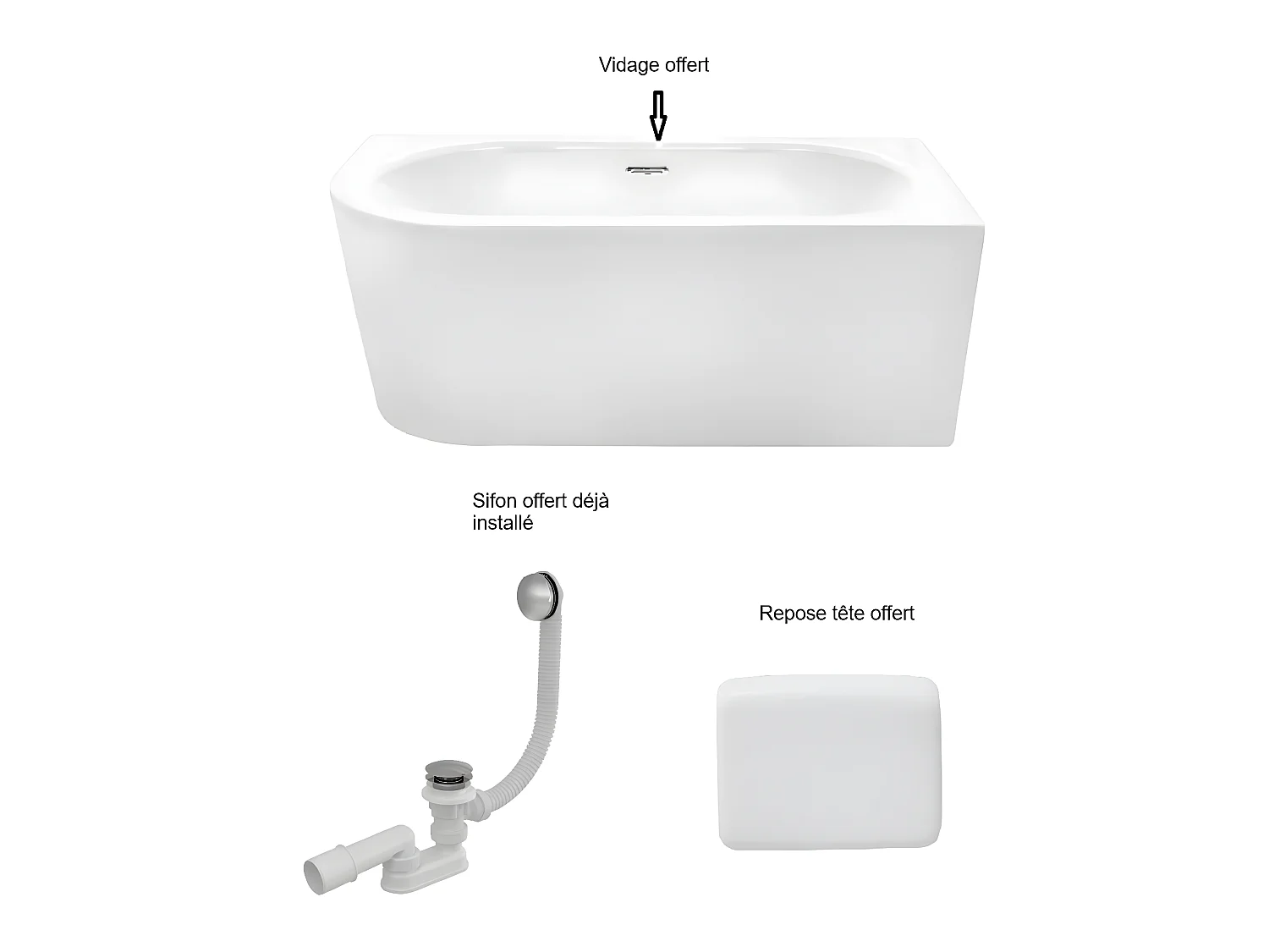 Baignoire d'angle Blanc + Siphon Graphite et Vidage inclus + Repose tête  -  AVITA S CLASSE - DROITE - 170 x 75 cm