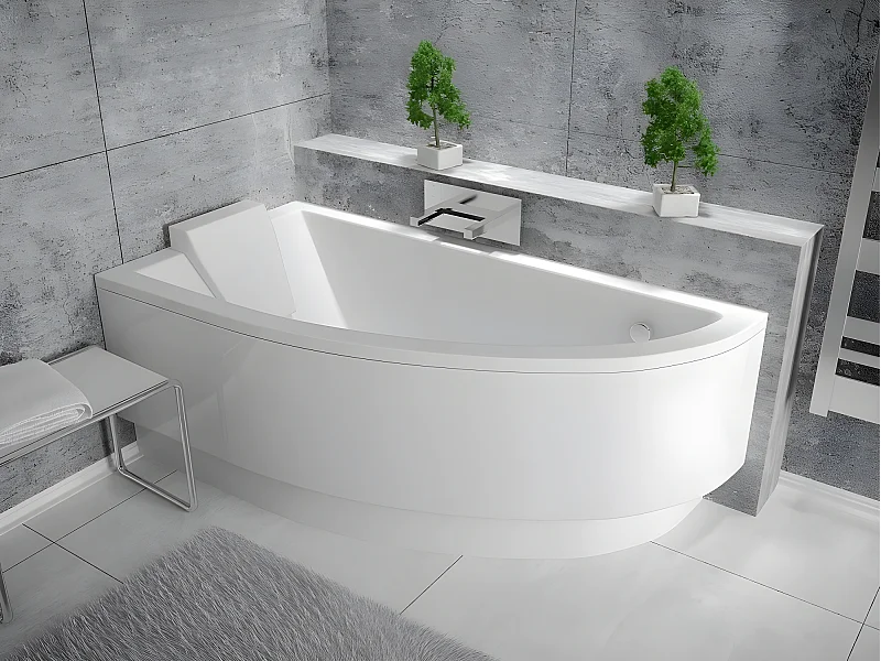 Baignoire asymétrique + tablier blanc + repose tête - PRAKTIKA  - 150 x 70 cm - Gauche