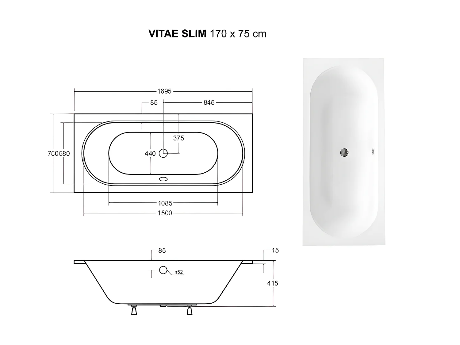 Baignoire rectangulaire blanche à encastrer + repose tête - 170 x 75 cm - VITAE SLIM