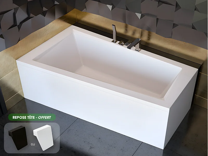 Baignoire asymétrique + tablier blanc + repose tête - INTIMA - 160 x 90 cm - Gauche