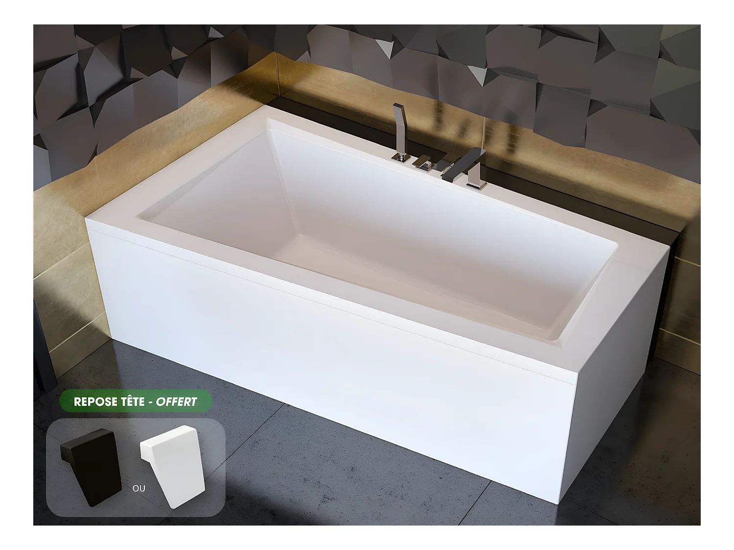 Baignoire asymétrique + tablier blanc + repose tête - INTIMA - 160 x 90 cm - Gauche