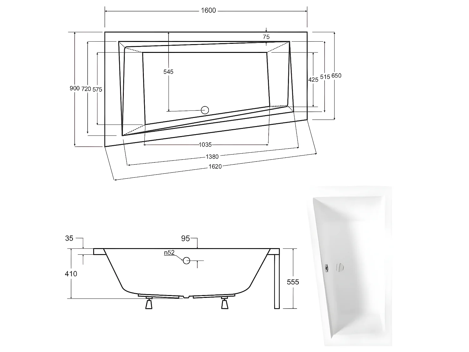 Baignoire asymétrique + tablier blanc + repose tête - INTIMA - 160 x 90 cm - Gauche