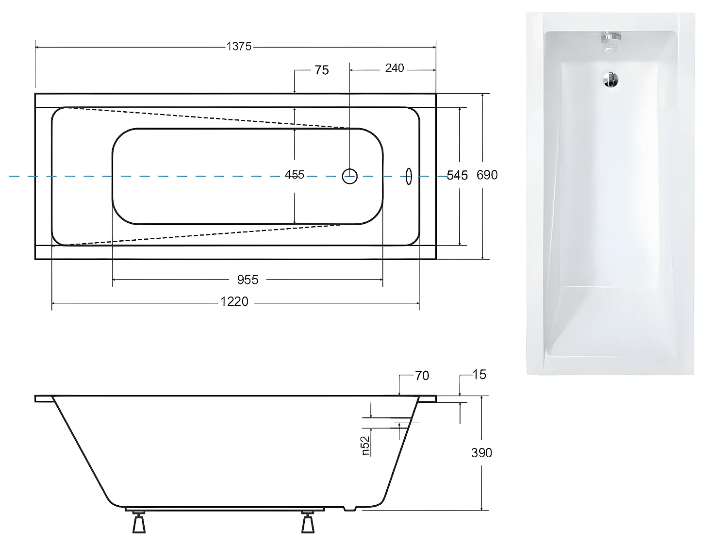 Baignoire rectangulaire blanche à encastrer + repose tête - MODERN SLIM - 140 x 70 cm