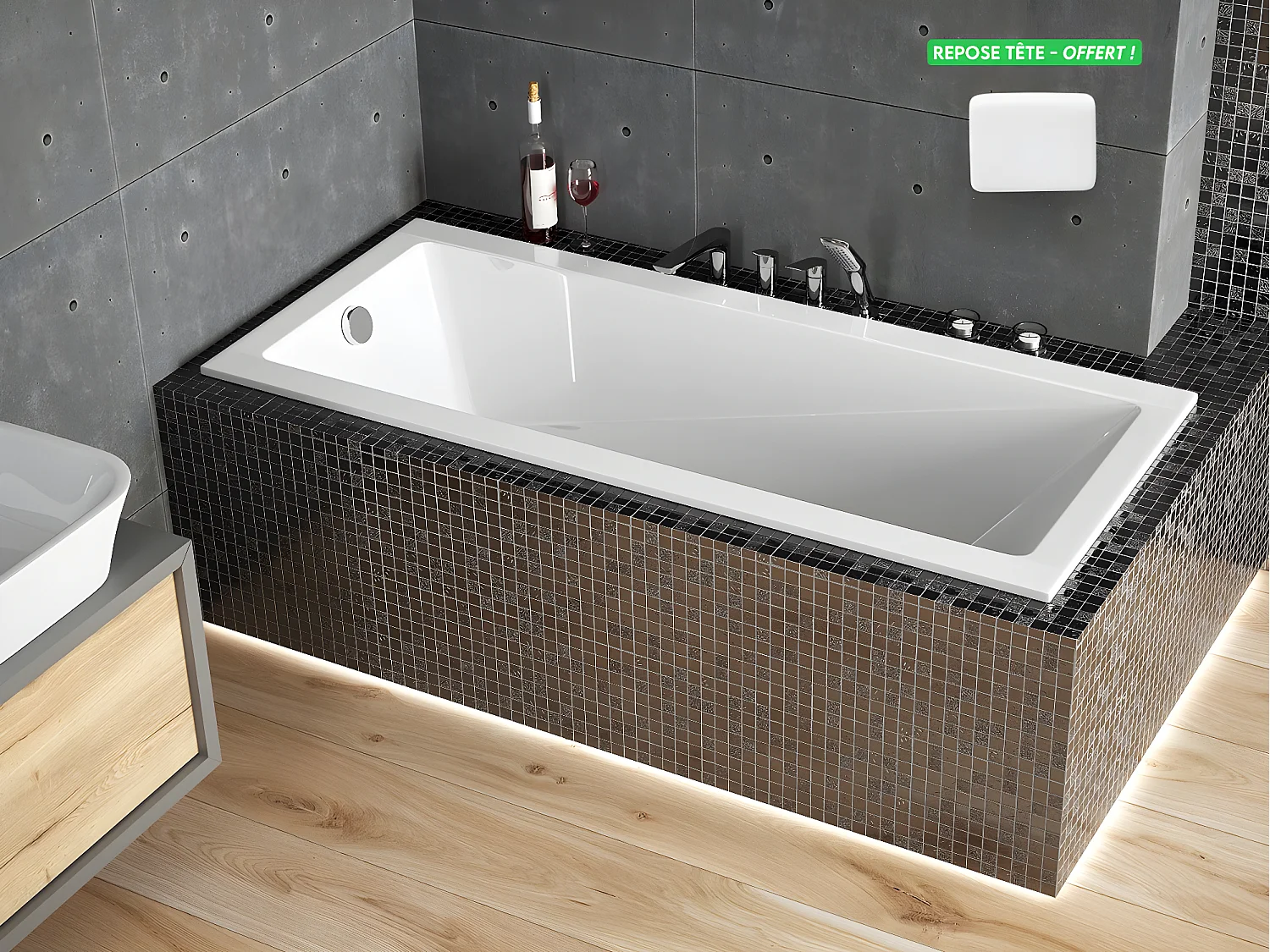 Baignoire rectangulaire blanche à encastrer + repose tête - MODERN SLIM - 160 x 70 cm