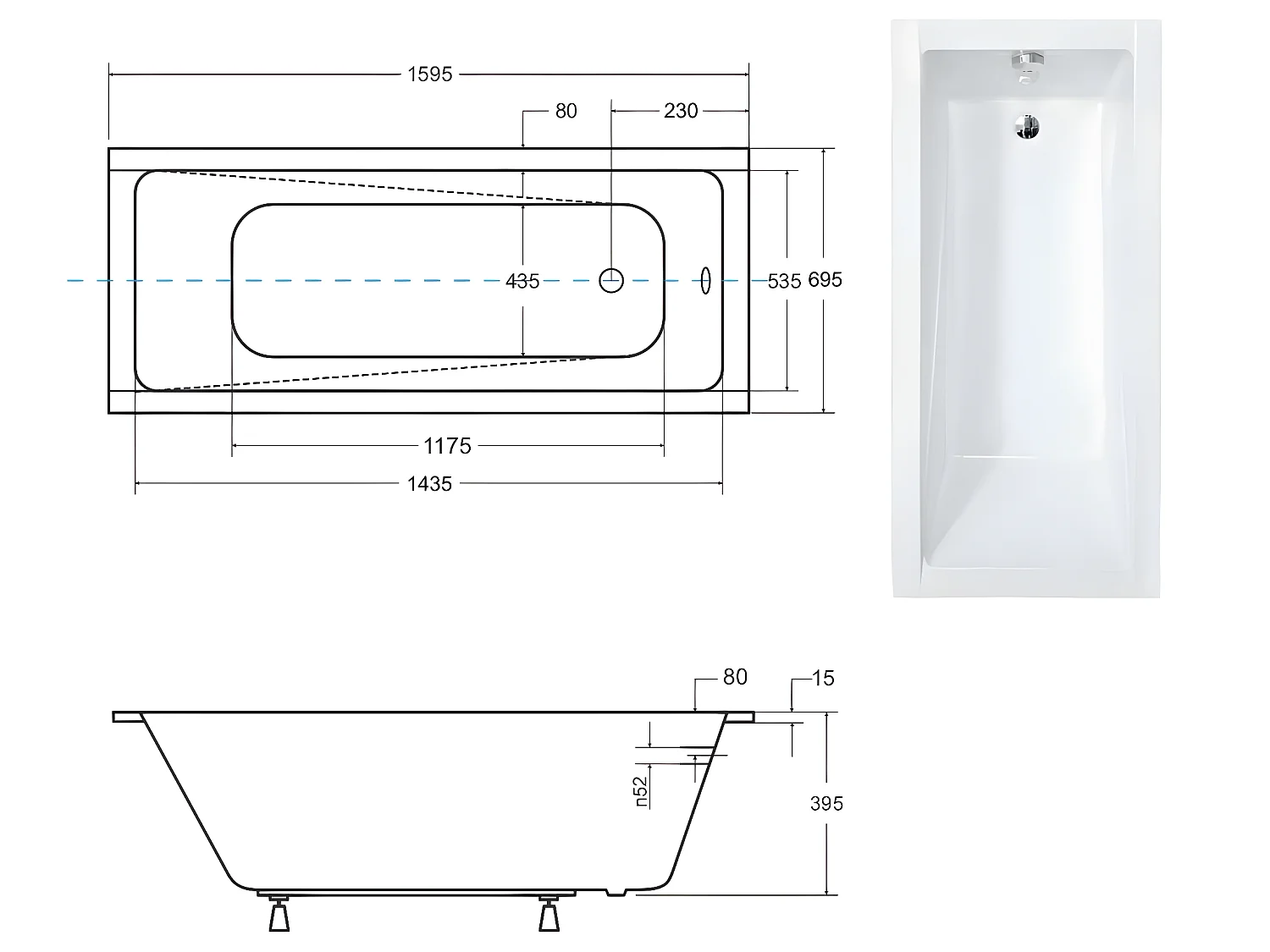 Baignoire rectangulaire blanche à encastrer + repose tête - MODERN SLIM - 160 x 70 cm