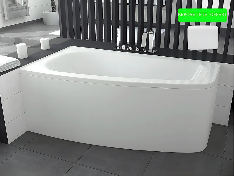 Baignoire asymétrique  + tablier blanc + repose tête - LUNA - 150 x 80 cm - Gauche