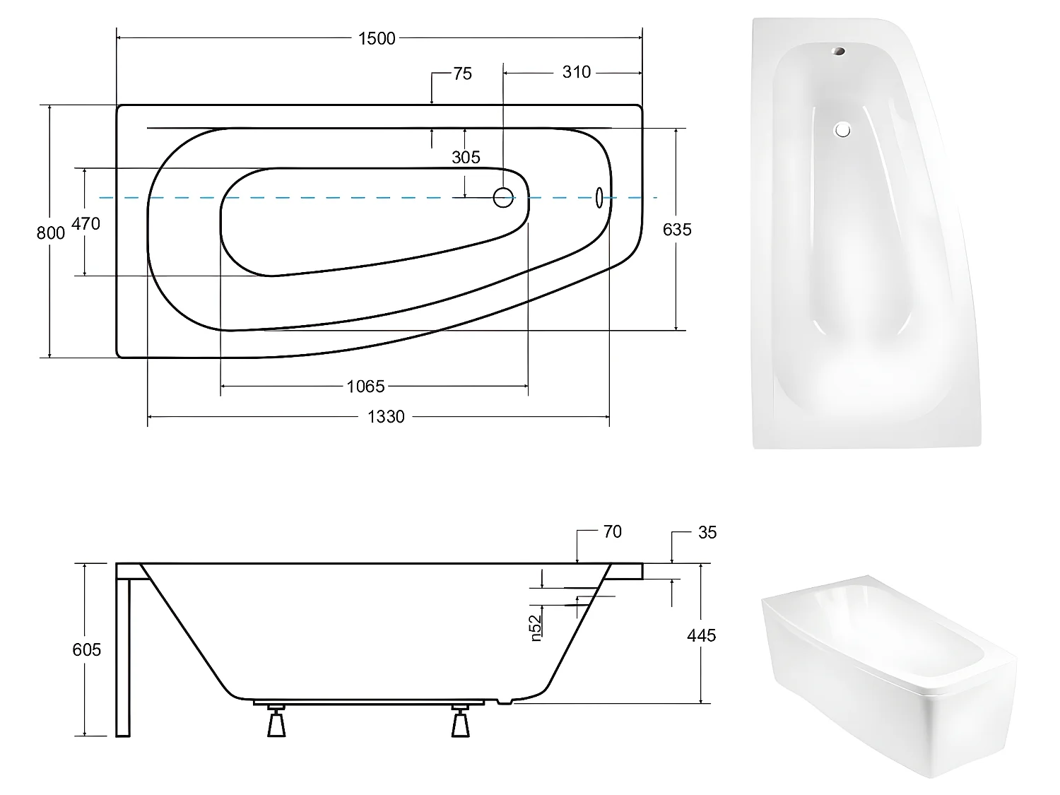 Baignoire asymétrique  + tablier blanc + repose tête - LUNA - 150 x 80 cm - Gauche