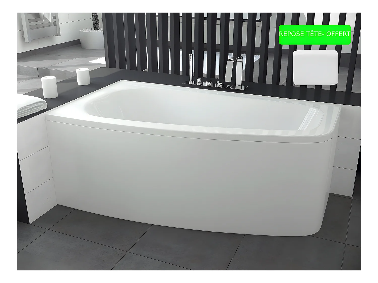 Baignoire asymétrique  + tablier blanc + repose tête - LUNA - 150 x 80 cm - Gauche