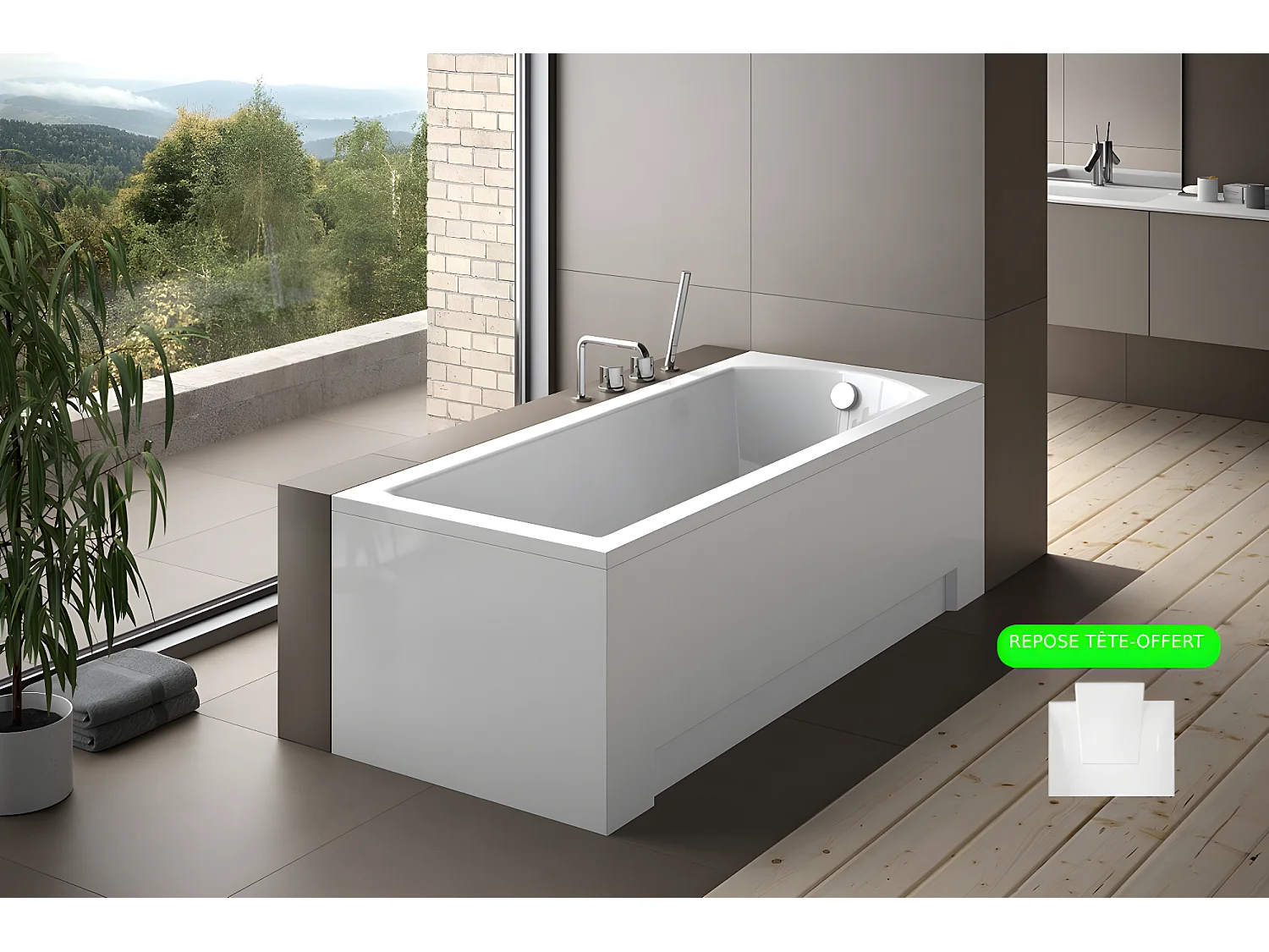 Baignoire rectangulaire + tablier blanc + repose tête - SHEA - 180 x 80 cm