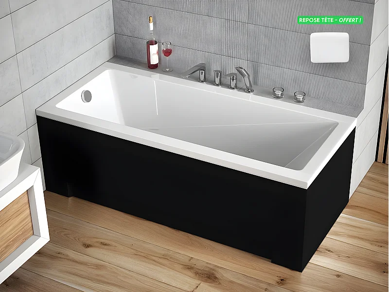 Baignoire rectangulaire - avec Tablier Noir Mat et Repose Tête OFFERT | MODERN | 150 x 70 cm