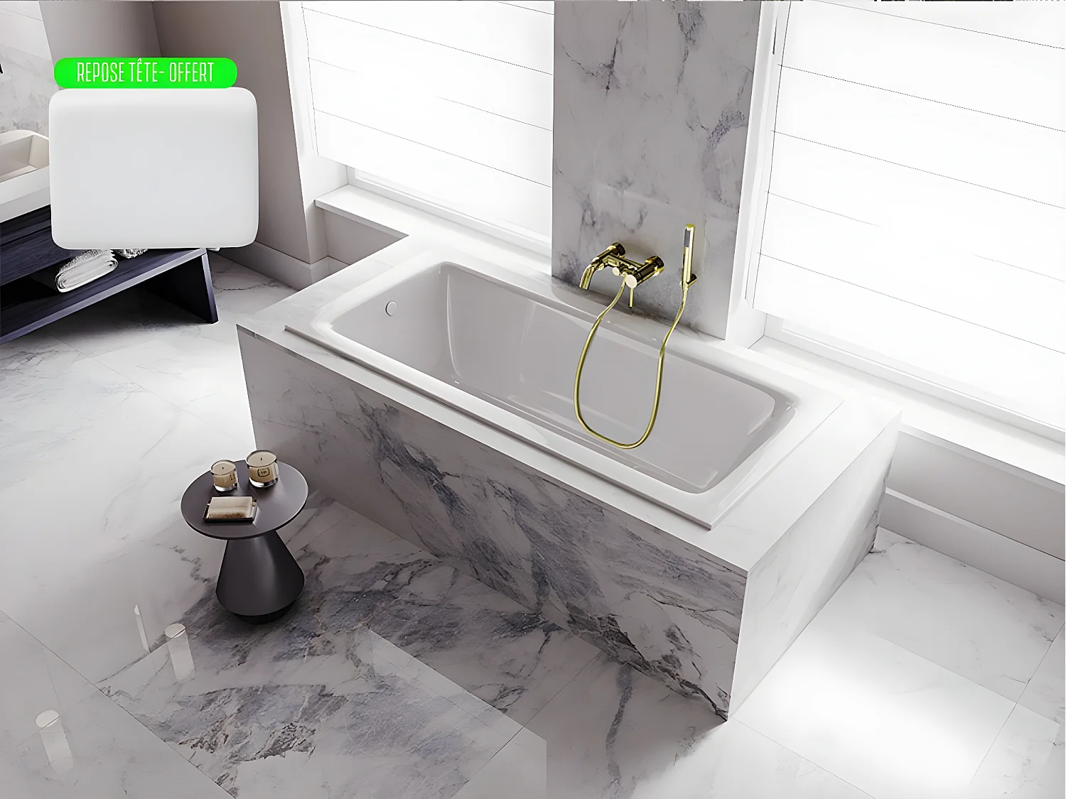 Baignoire rectangulaire blanche à encastrer + repose tête - 160 x 75 cm - TALIA SLIM