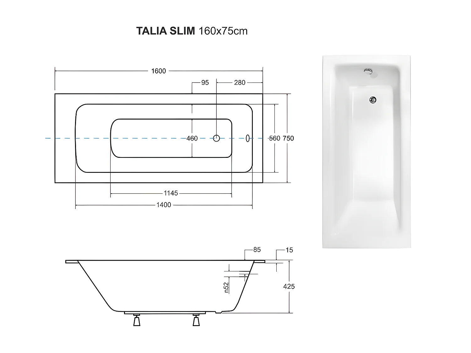 Baignoire rectangulaire blanche à encastrer + repose tête - 160 x 75 cm - TALIA SLIM