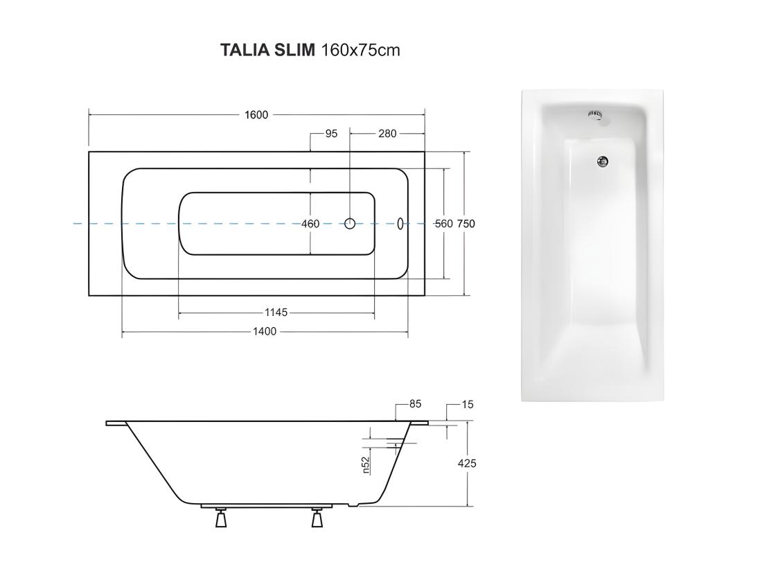 vente unique Baignoire rectangulaire blanche à encastrer + repose tête - 160 x 75 cm - TALIA SLIM