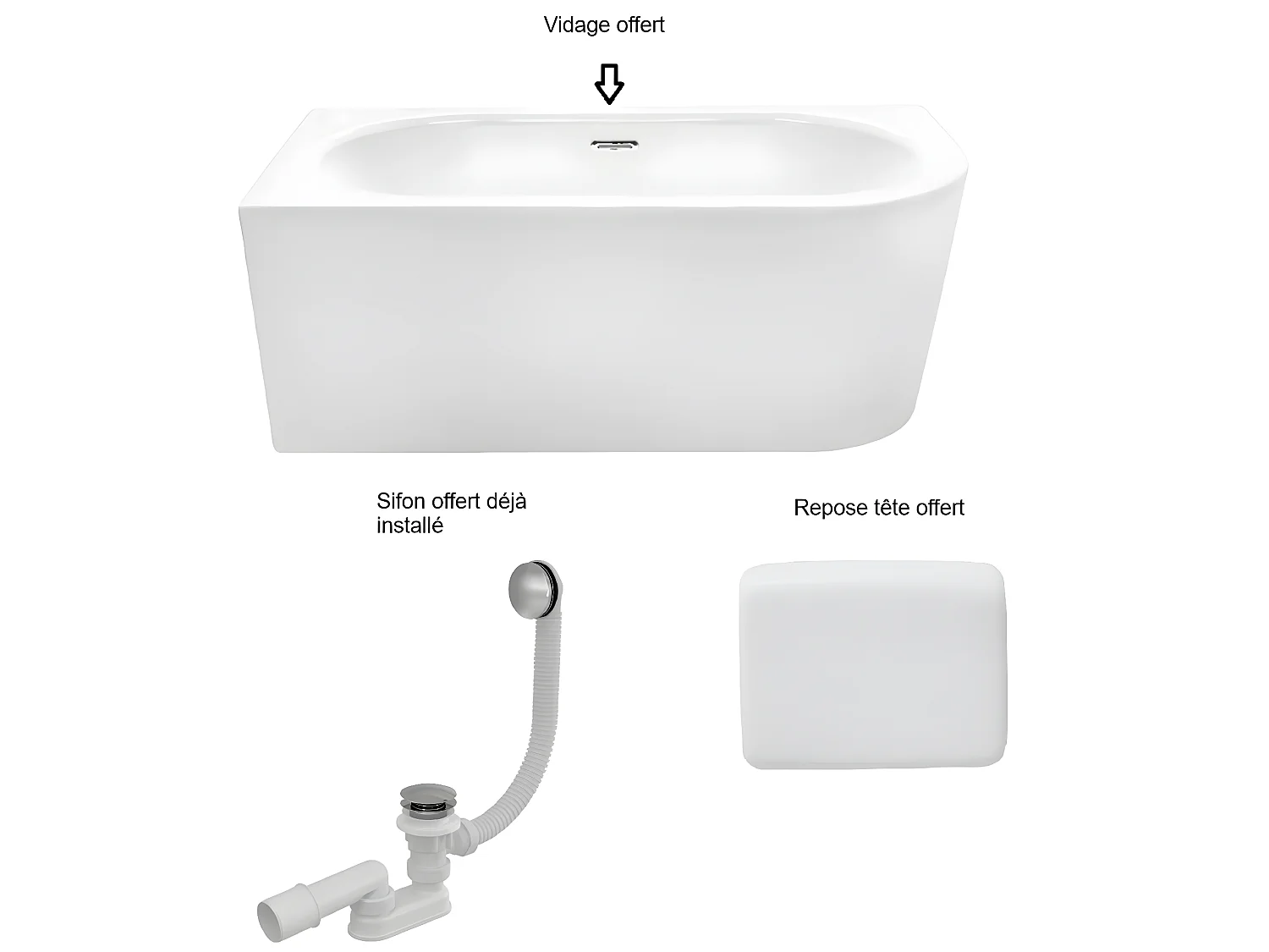 Baignoire d'angle Blanc + Siphon Doré et Vidage inclus + Repose tête  -  AVITA S CLASSE - GAUCHE - 150 x 75 cm