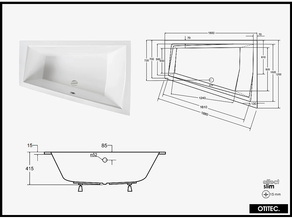 Baignoire Asymétrique à Encastrer - 180 x 125 cm - DROITE - INTIMA DUO SLIM - 2 REPOSE-TÊTES OFFERTS