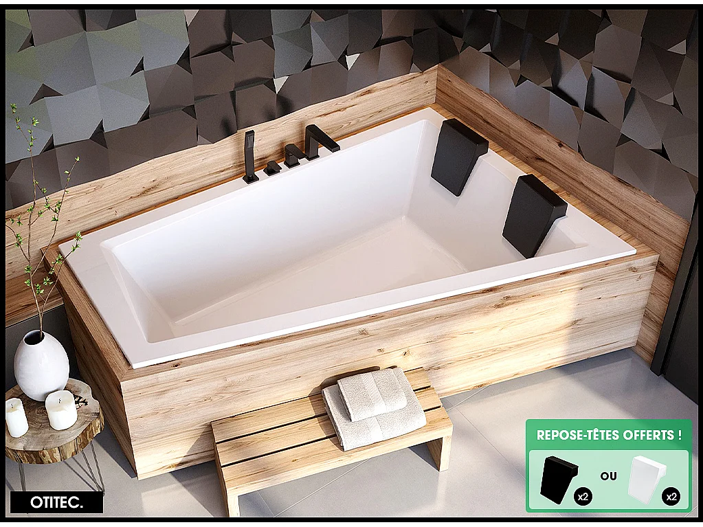Baignoire Asymétrique à Encastrer - 180 x 125 cm - DROITE - INTIMA DUO SLIM - 2 REPOSE-TÊTES OFFERTS