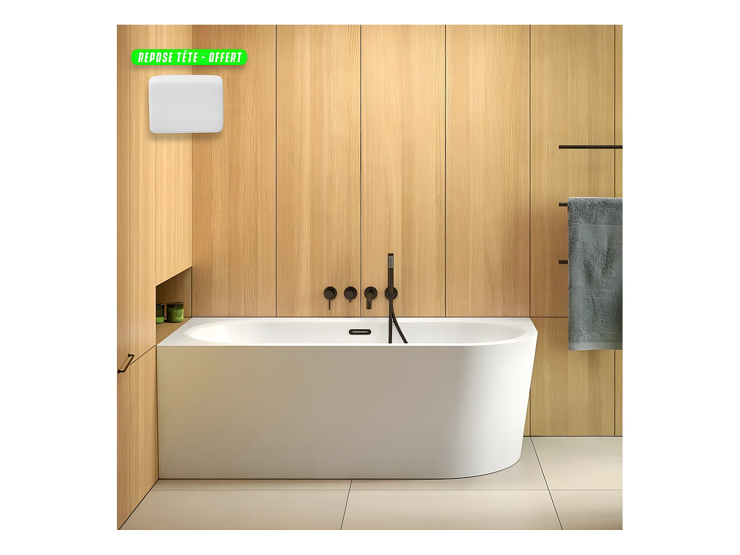 Baignoire d'angle Blanc + Siphon Graphite et Vidage inclus + Repose tête  -  AVITA S CLASSE - GAUCHE - 170 x 75 cm