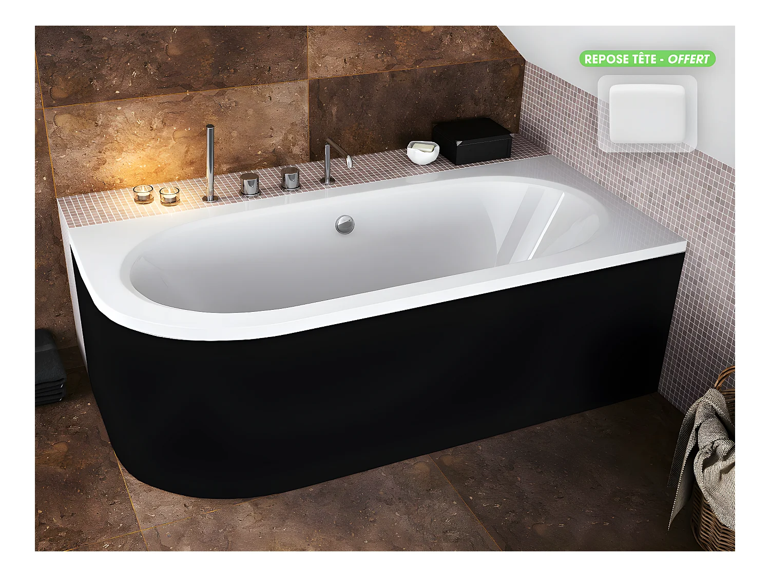 Baignoire d'angle - avec tablier noir Mat et repose tête offert | AVITA | 170 x 75 cm - Droite