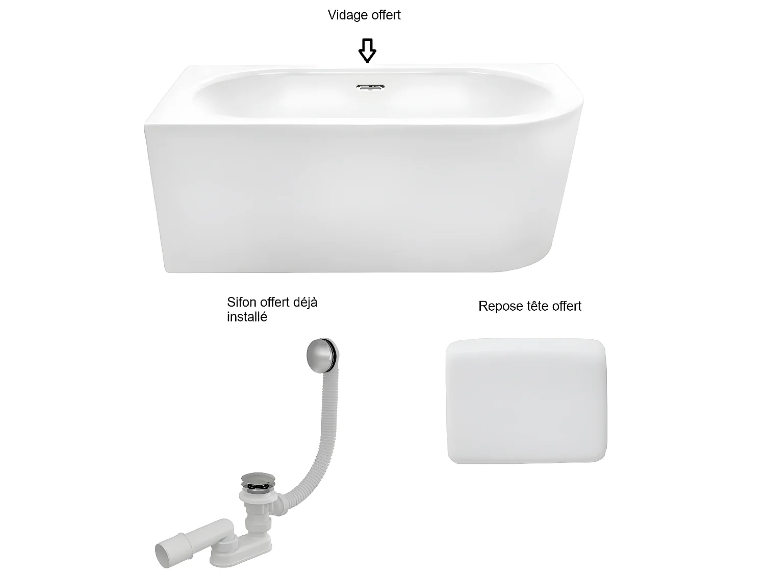 Baignoire d'angle Blanc + Siphon noir et Vidage inclus + Repose tête  -  AVITA S CLASSE - GAUCHE - 150 x 75 cm