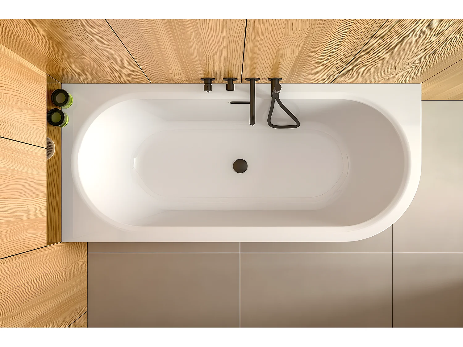 Baignoire d'angle Blanc + Siphon noir et Vidage inclus + Repose tête  -  AVITA S CLASSE - GAUCHE - 150 x 75 cm