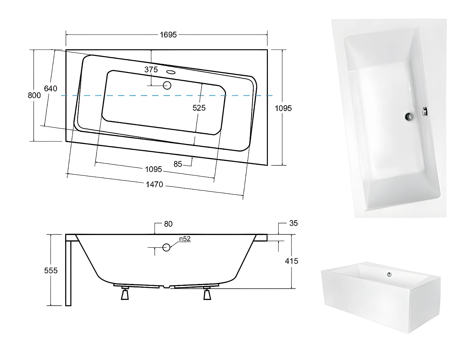 Baignoire asymétrique  + tablier blanc + repose tête - INFINITY - 170 x 110 cm - Droite