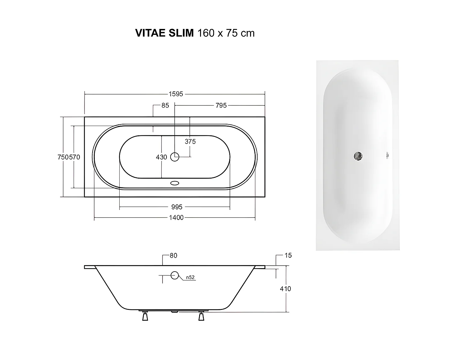 Baignoire rectangulaire blanche à encastrer + repose tête - 160 x 75 cm - VITAE SLIM