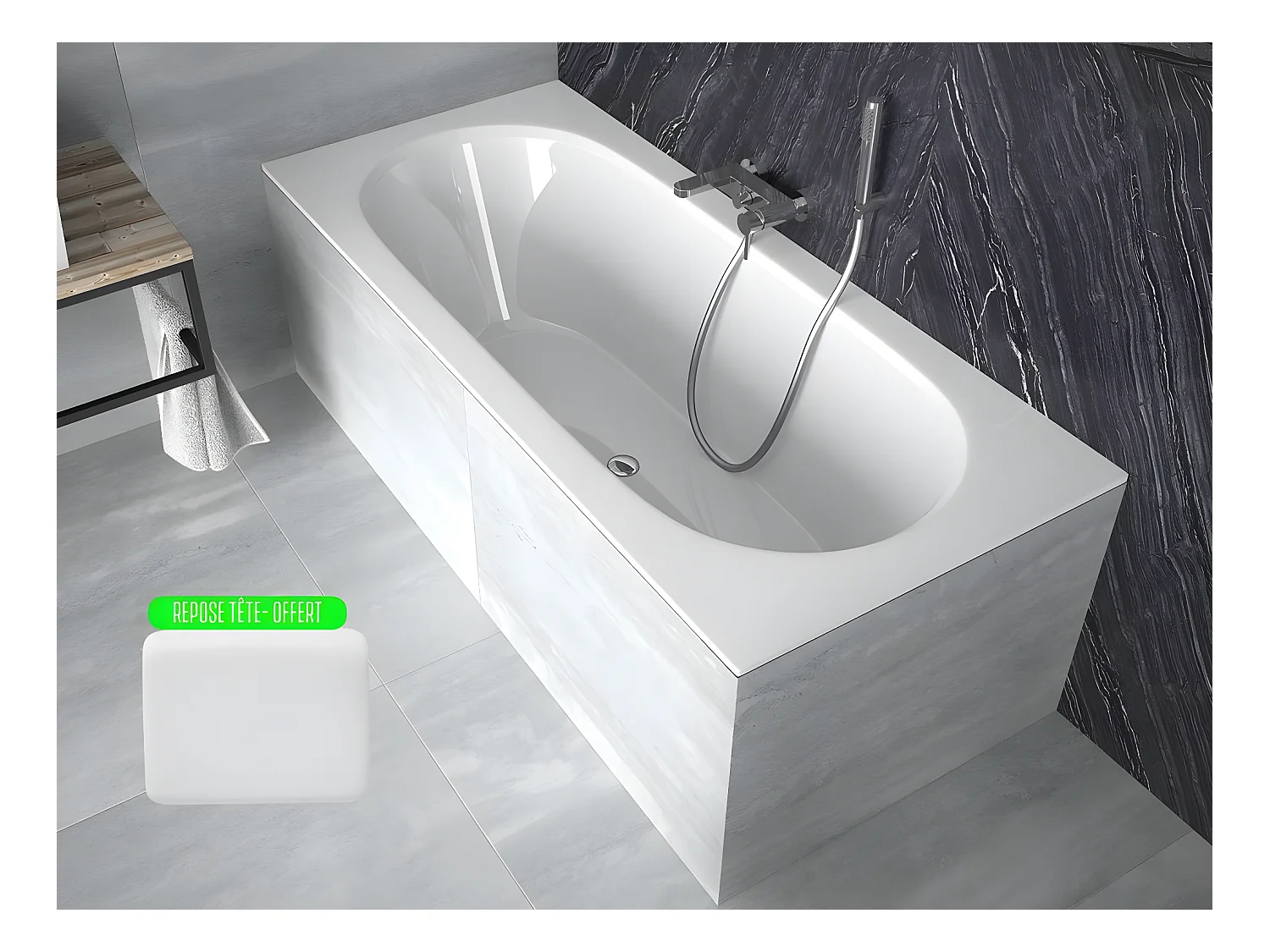 Baignoire rectangulaire blanche à encastrer + repose tête - 160 x 75 cm - VITAE SLIM