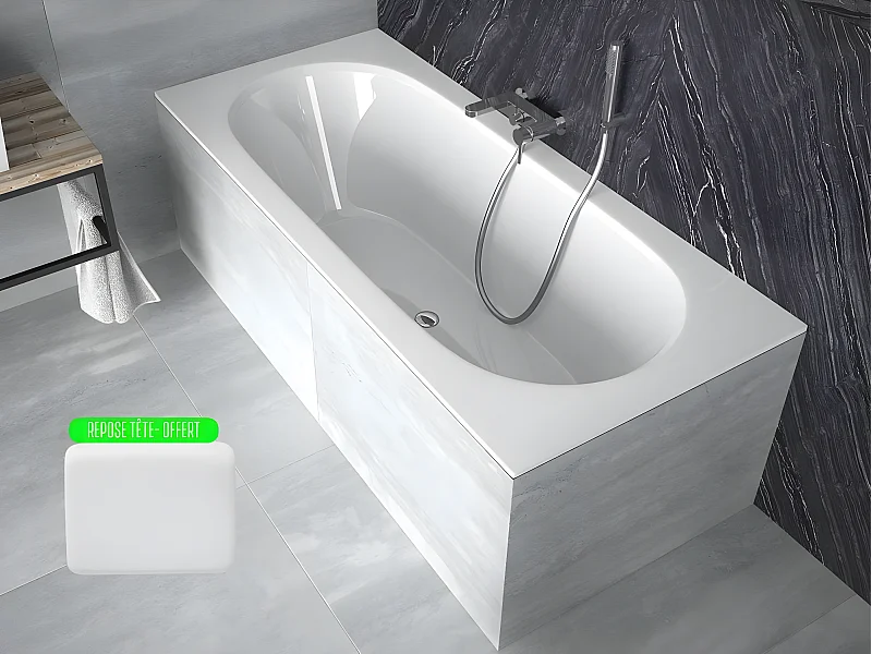 Baignoire rectangulaire blanche à encastrer + repose tête - 160 x 75 cm - VITAE SLIM