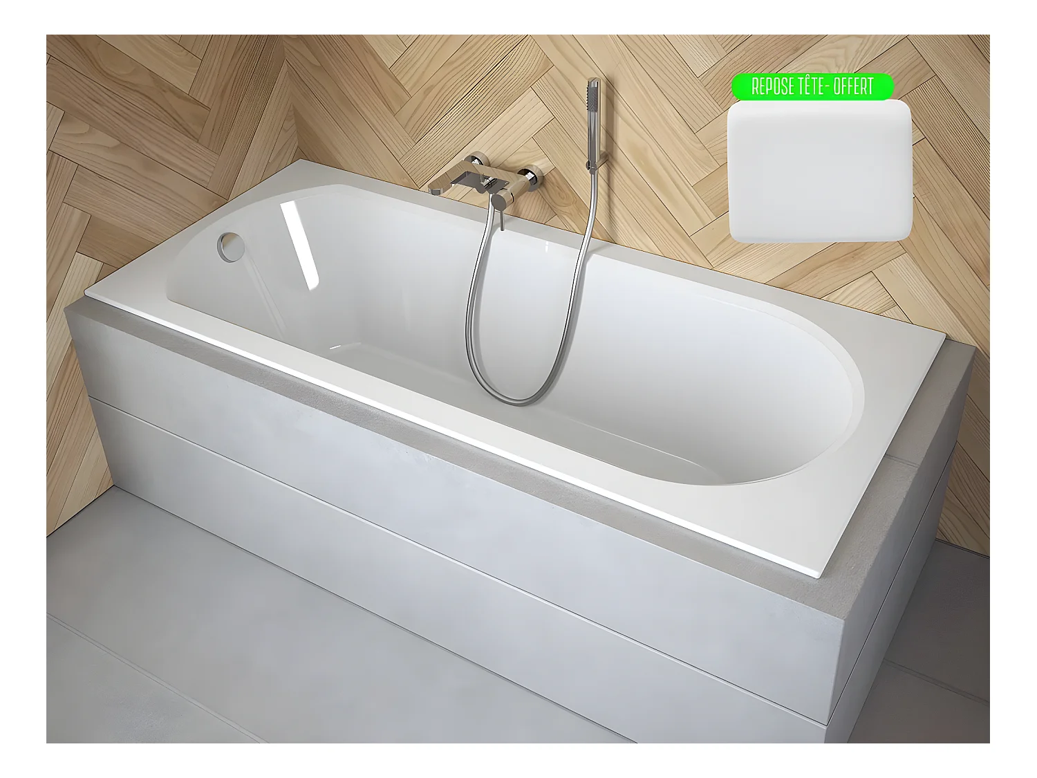 Baignoire rectangulaire blanche à encastrer + repose tête - 150 x 75 cm - INTRICA SLIM