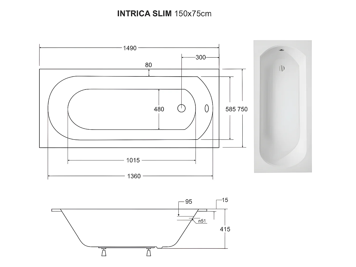 Baignoire rectangulaire blanche à encastrer + repose tête - 150 x 75 cm - INTRICA SLIM