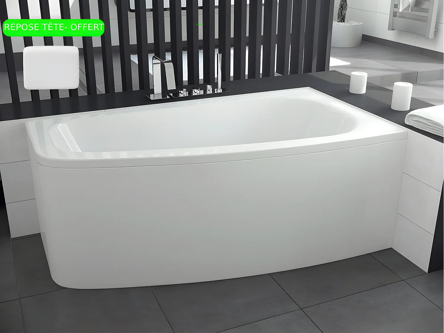 Baignoire asymétrique + tablier blanc + repose tête - LUNA - 150 x 80 cm - Droite