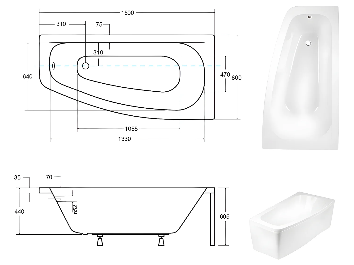 Baignoire asymétrique + tablier blanc + repose tête - LUNA - 150 x 80 cm - Droite