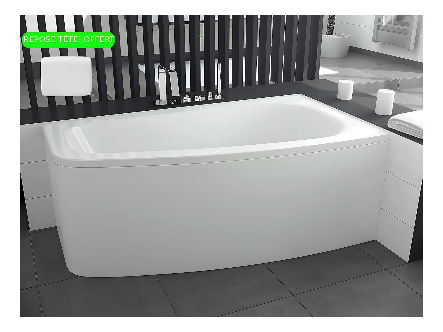 Baignoire asymétrique + tablier blanc + repose tête - LUNA - 150 x 80 cm - Droite